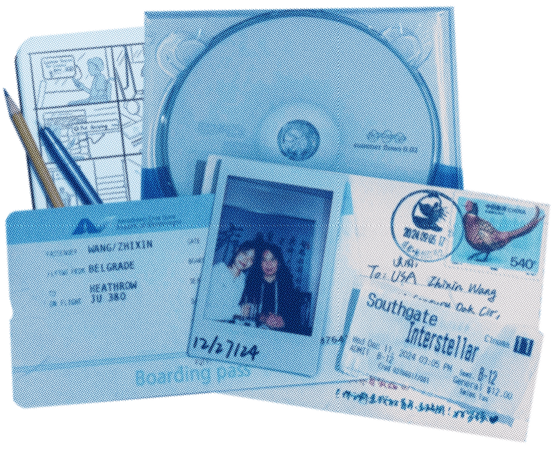 A collage of keepsakes — tickets, a CD, photographs and a boarding pass